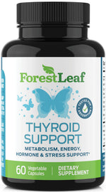 Packaging layout of ForestLeaf energy and focus thyroid support health supplement bottle.
