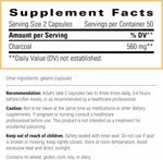 Integrative Therapeutics Activated Charcoal dietary supplement bottle angled showing nutritional facts list and ingredients list.