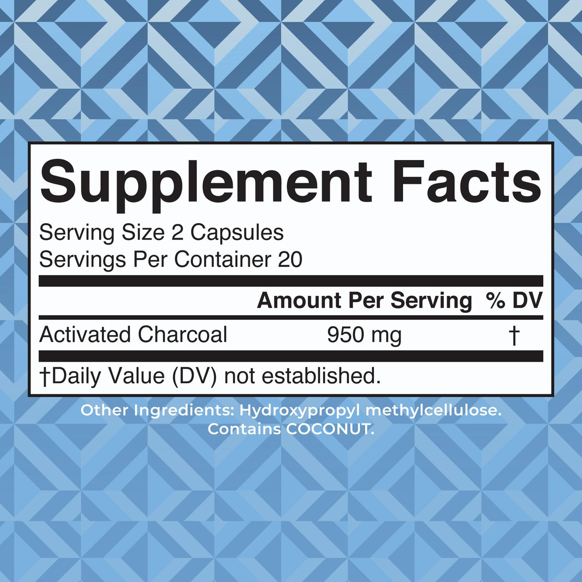 MaryRuth Organics Activated Charcoal supplement packaging showing ingredient facts and organic coconut shell origin