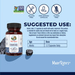 Side view of MaryRuth Organics 950 mg Activated Charcoal bottle detailing substance adsorption benefits