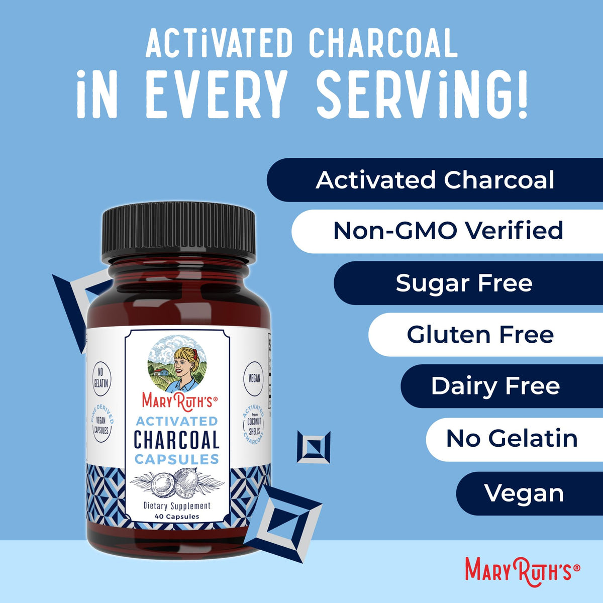 MaryRuth Organics Activated Charcoal 40 count bottle showcasing clean lifestyle wellness formulation