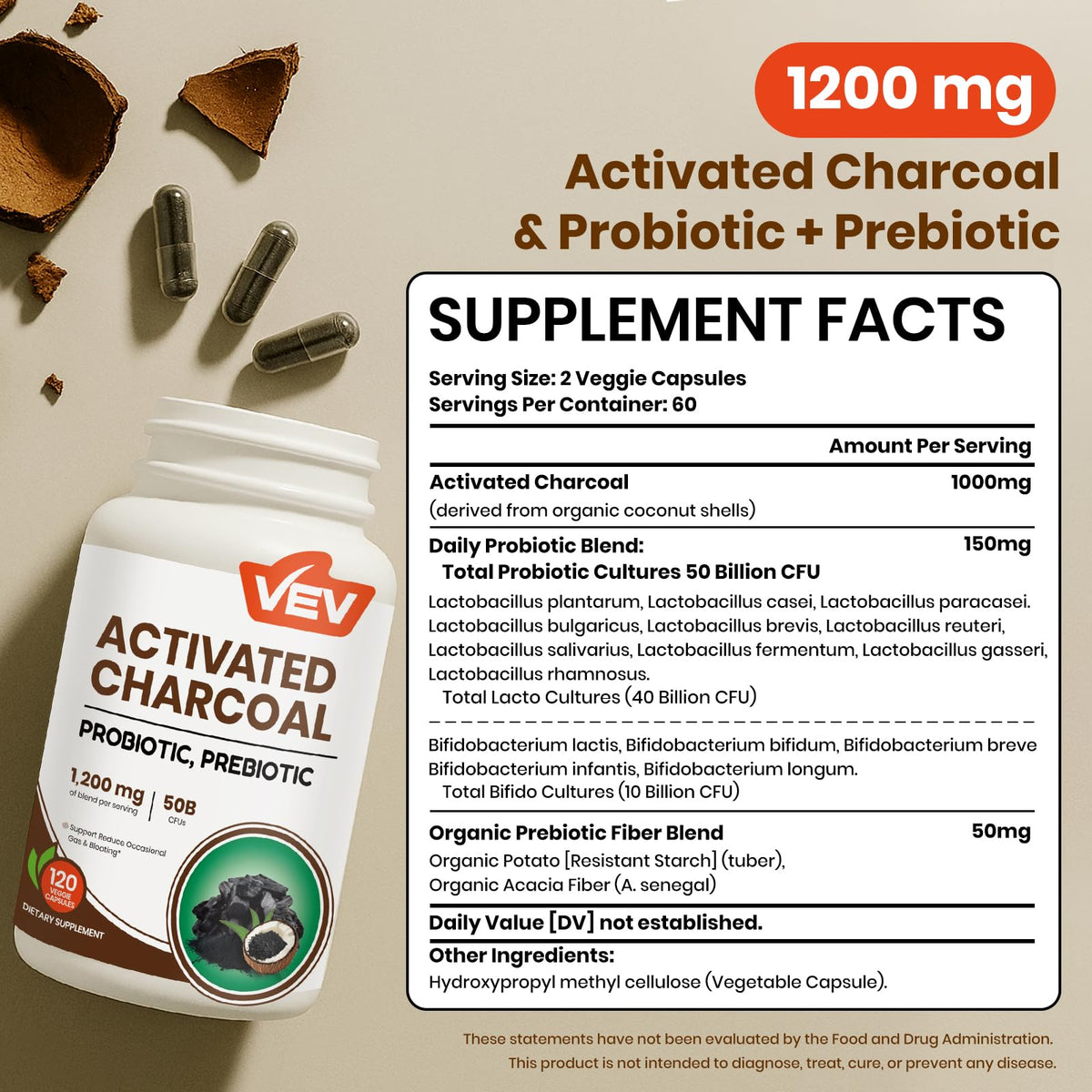 VEV Activated Charcoal with organic coconut shell supplement facts label and probiotic strain breakdown.