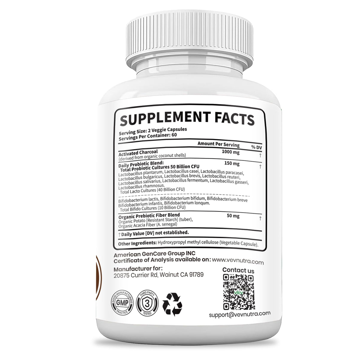 VEV Activated Charcoal digestive wellness capsules standing upright against a clean natural background.