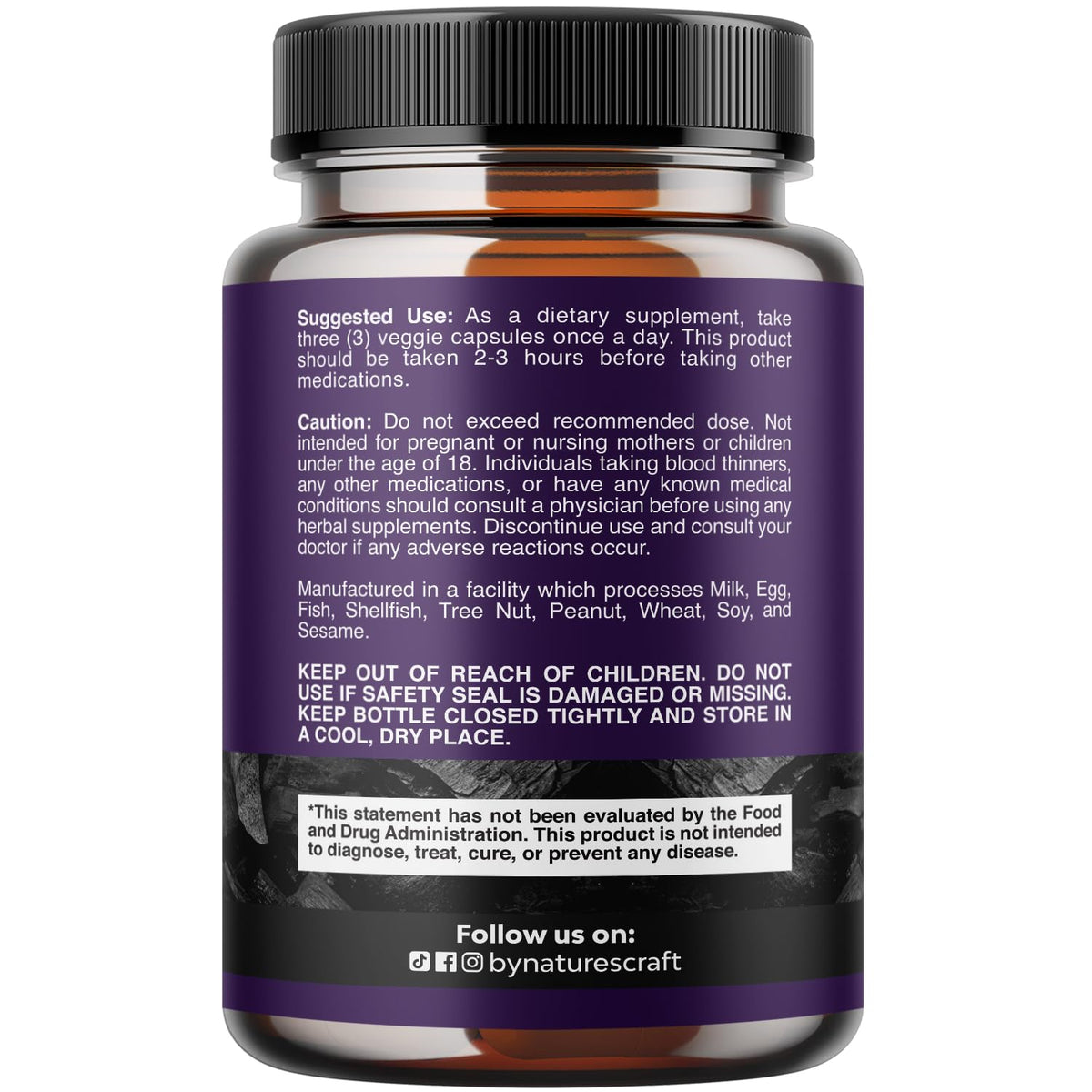 Nature's Craft coconut shell charcoal capsules supplement facts and ingredient label