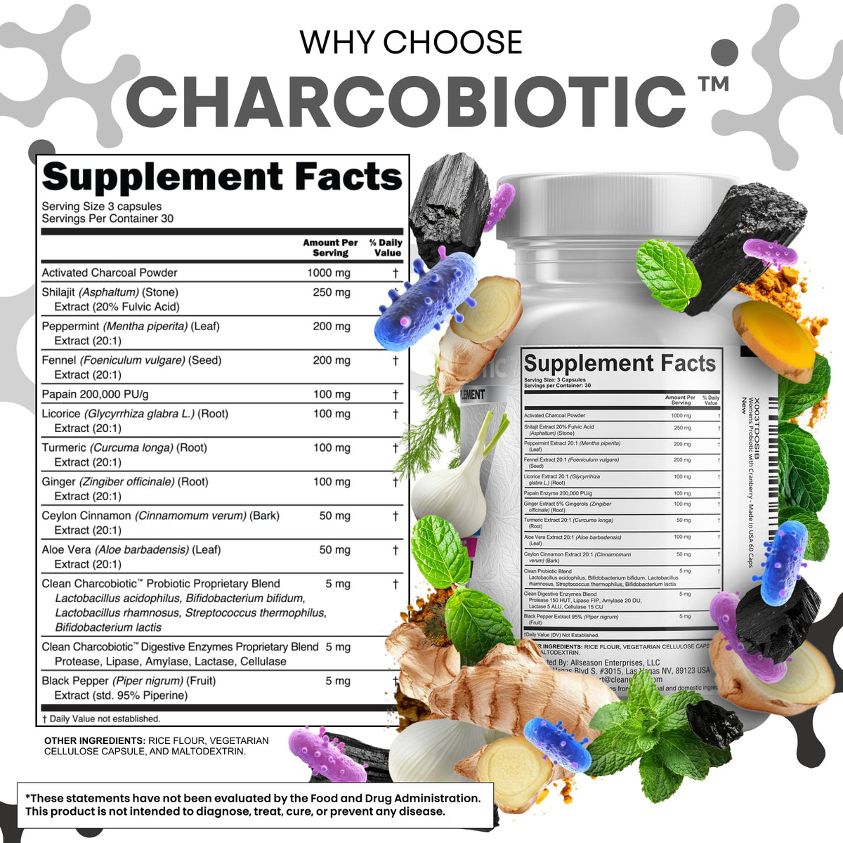 Activated coconut charcoal pills with digestive enzymes and shilajit