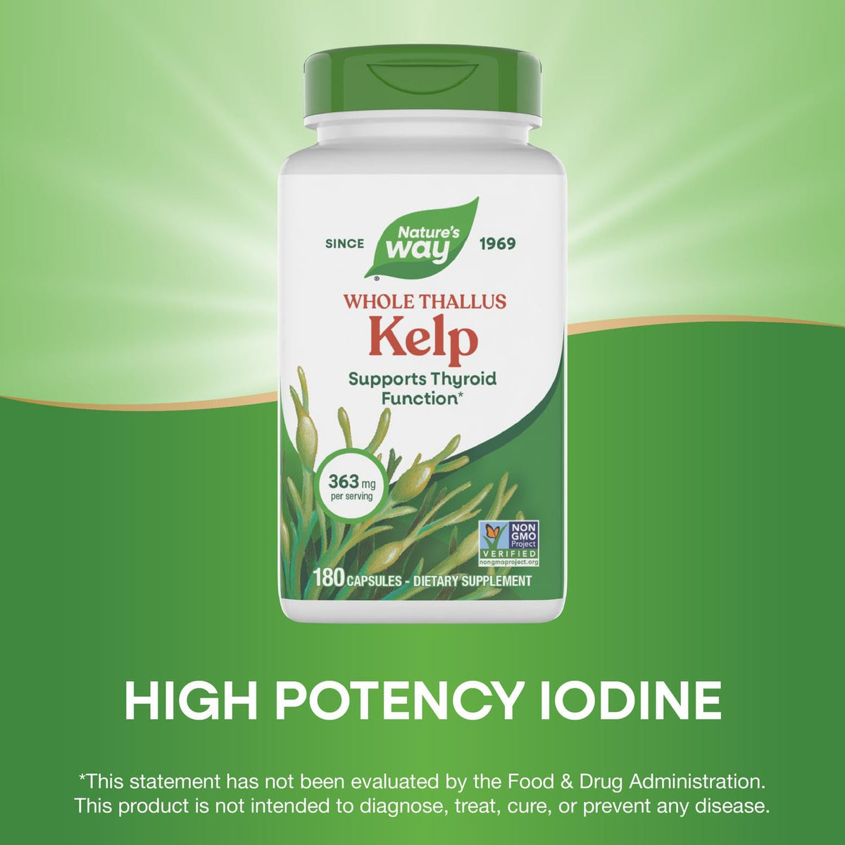 Close up of the non-GMO and gluten-free certifications on the seaweed supplement packaging