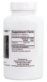 Supreme Nutrition Takesumi Supreme activated bamboo charcoal supplement bottle showing side details