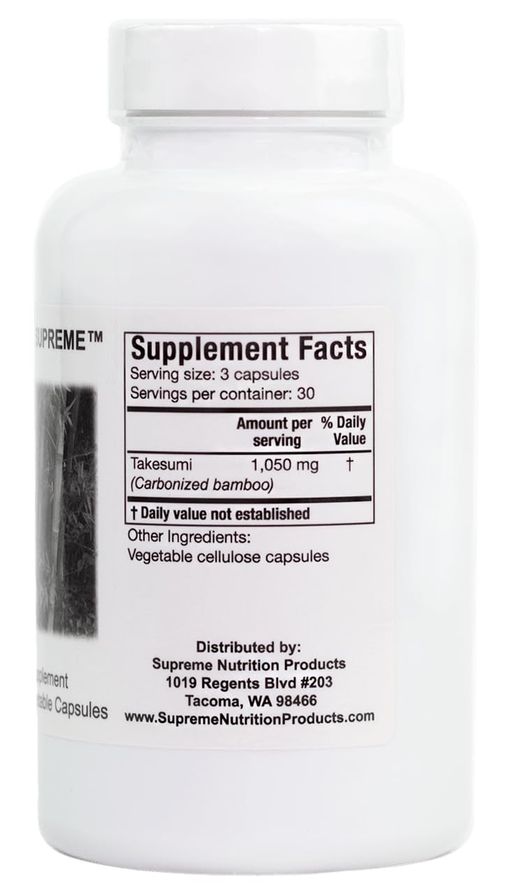 Supreme Nutrition Takesumi Supreme activated bamboo charcoal supplement bottle showing side details