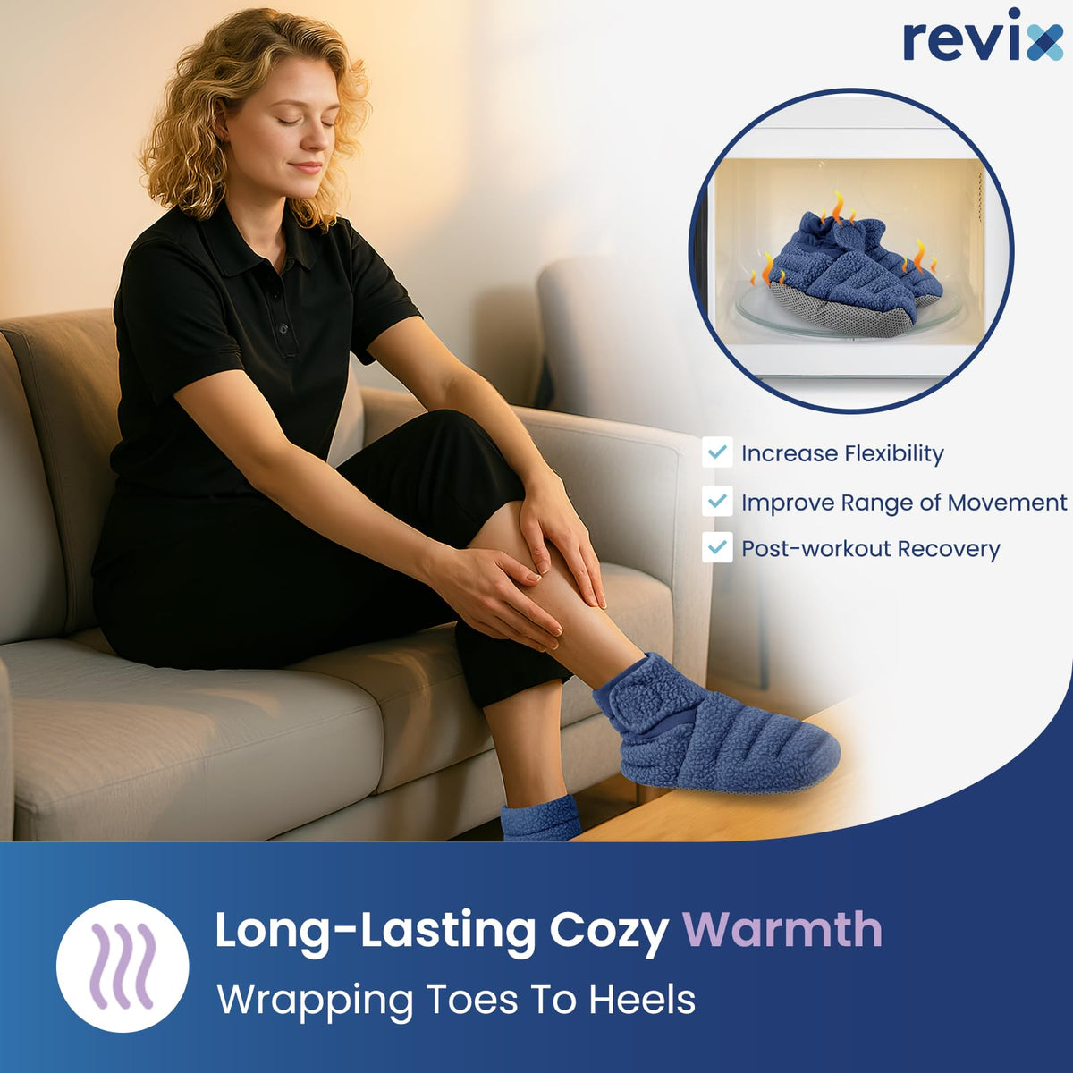 Person relaxing at home wearing navy Revix foot warmers