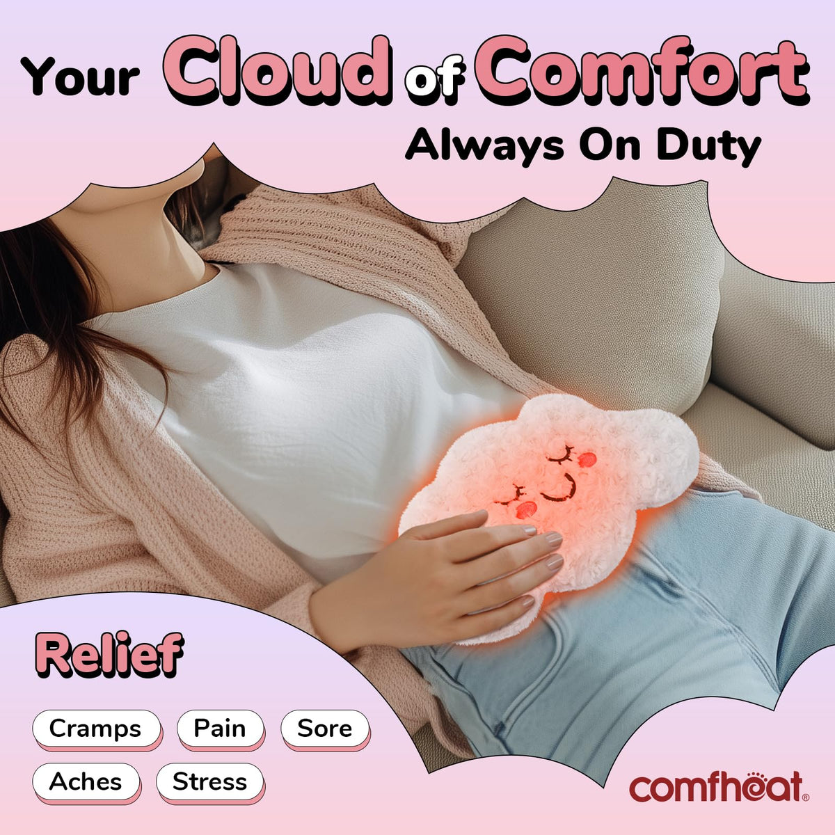 Plush cloud heating pad for period cramps showing washable cover