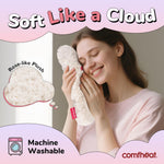 Close up of embroidered face on cute cloud shaped heating pad