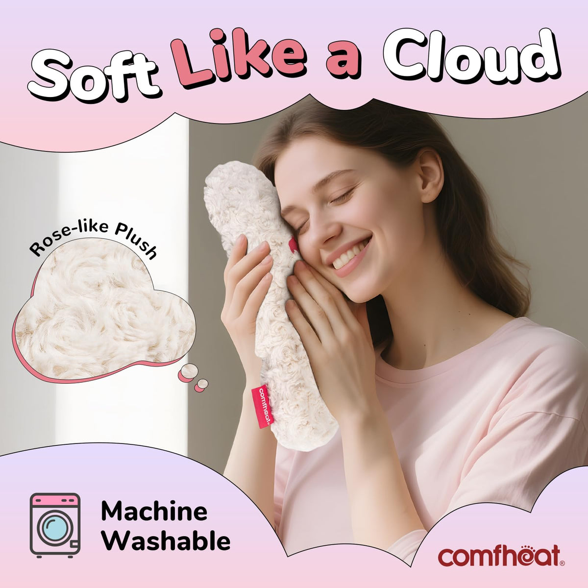 Close up of embroidered face on cute cloud shaped heating pad