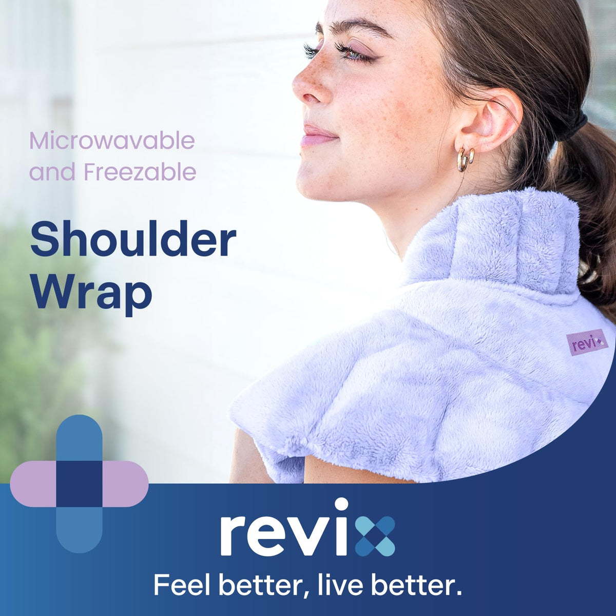 Revix heating pad shown in cold therapy mode inside freezer