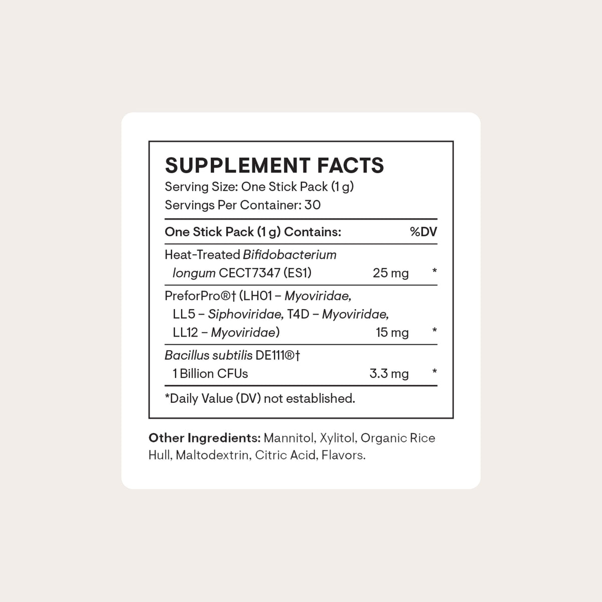 Thorne Complete Biotic supplement facts and ingredients panel close up