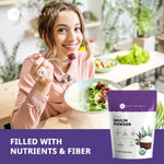 Fine texture of unflavored agave fiber powder inside the resealable 8 ounce packaging.