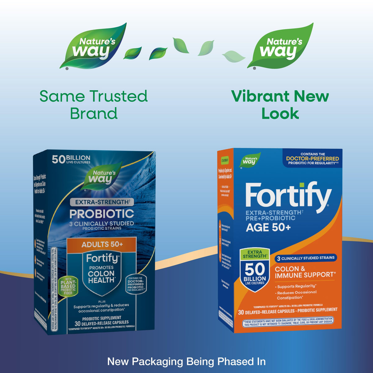 Nature's Way Fortify Extra Strength Probiotic 50 Billion Live Cultures bottle displaying the supplement facts panel