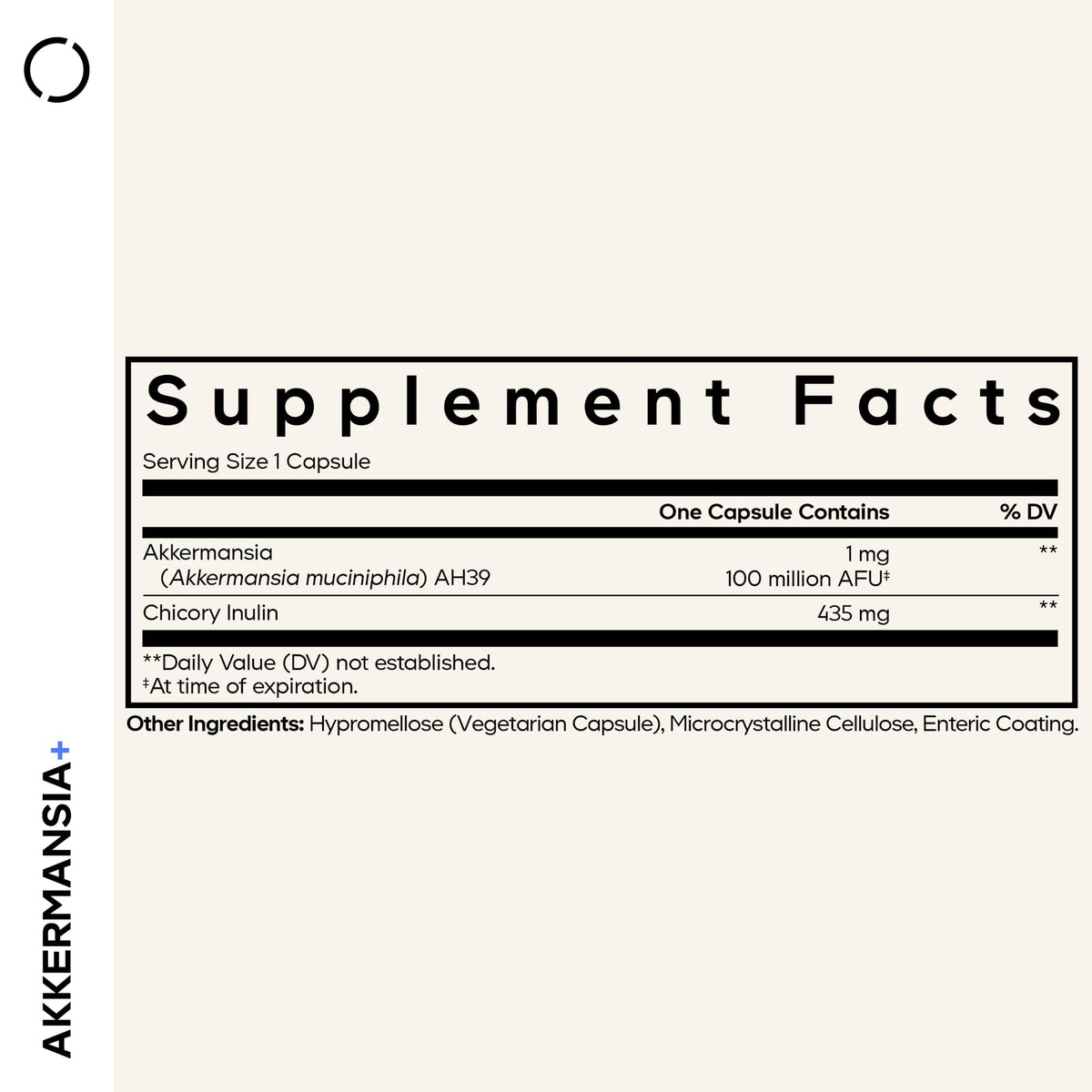 Supplement facts label on the back of the Codeage Akkermansia probiotic bottle showing ingredients.