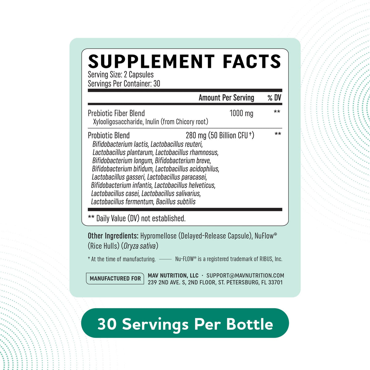 MAV Nutrition prebiotic plus probiotic 60 count packaging showing dosage instructions