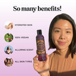 Natural sweet almond and jojoba body oil ingredients layout