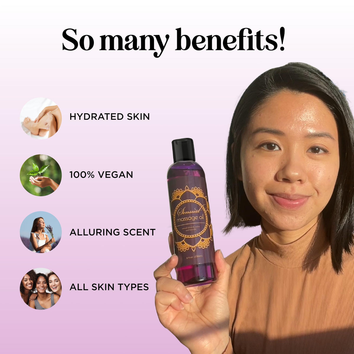 Natural sweet almond and jojoba body oil ingredients layout