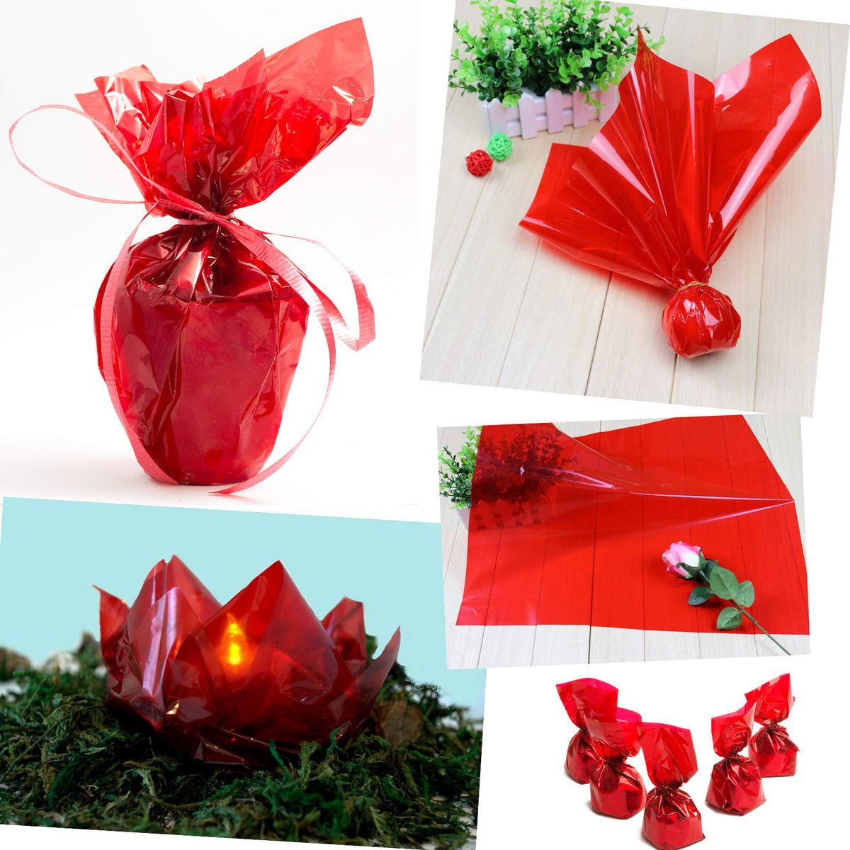 Red cellophane wrap applied to a gift basket arrangement