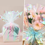 Woric cellophane wrap used for decorating a gift basket.