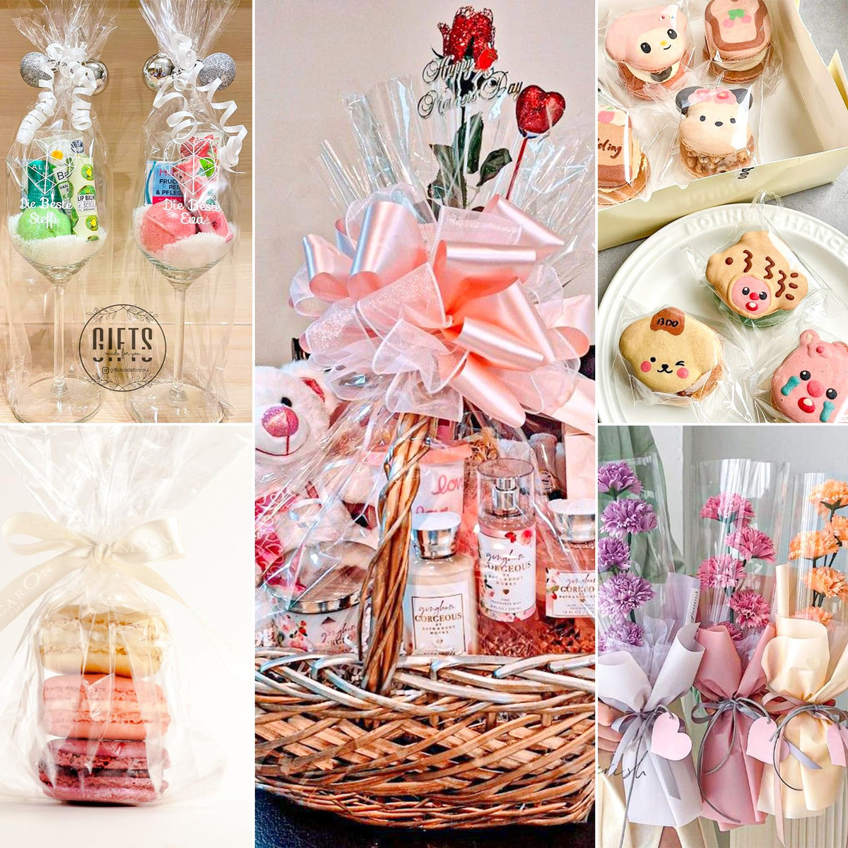 Professional gift basket wrapped in clear cellophane