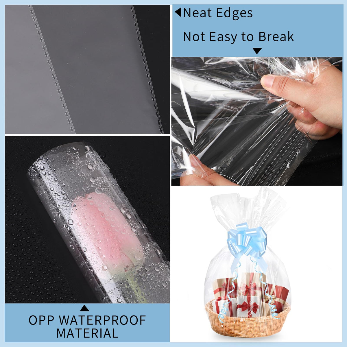Woric twelve pack large cellophane bags laid out flat demonstrating oversized dimensions