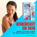 Icy Hot pain relief cream packaging showing cooling and warming application guide