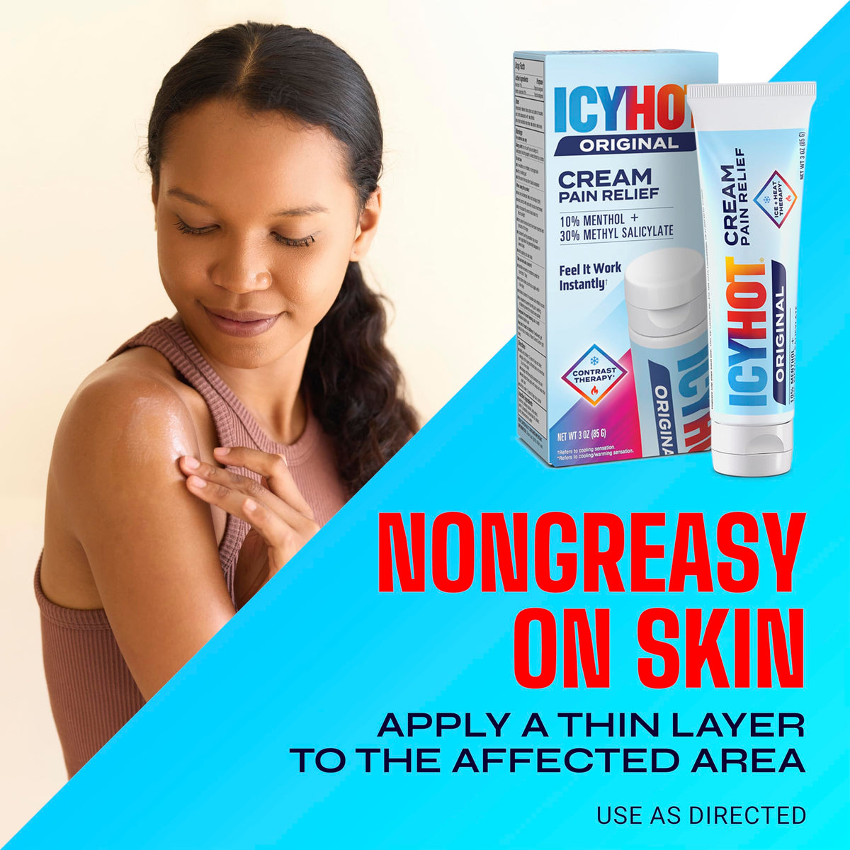 Icy Hot pain relief cream packaging showing cooling and warming application guide