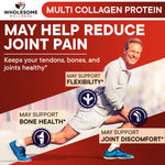 Wholesome Wellness multi collagen peptides 16 ounce tub showing serving size and directions text