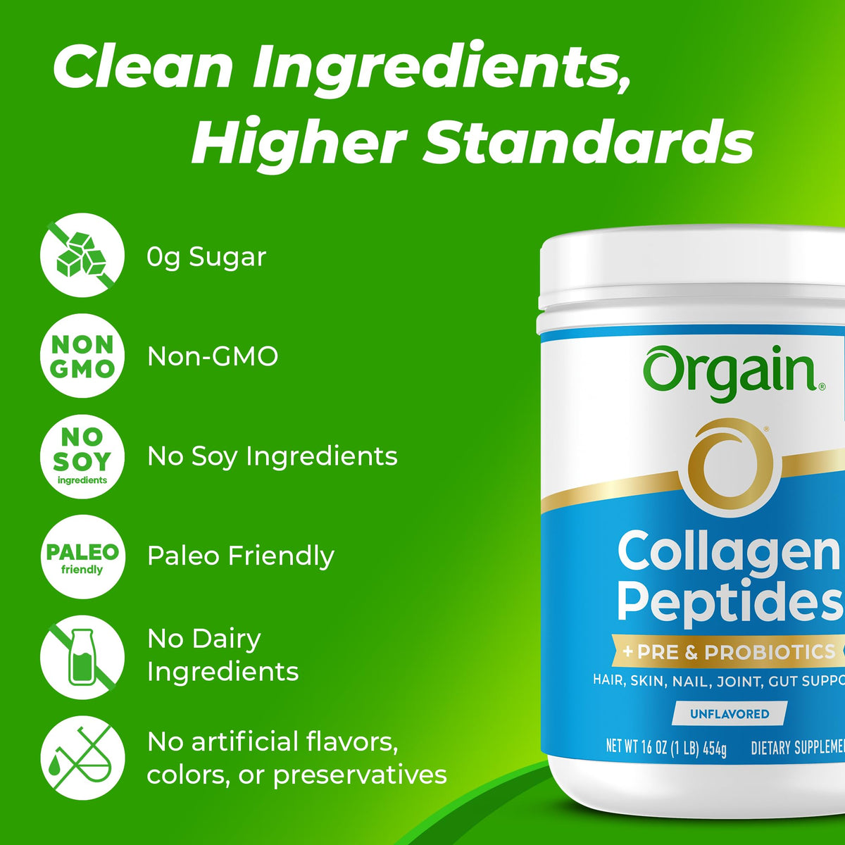 Orgain collagen peptides with one billion CFU probiotics for women and men joint support