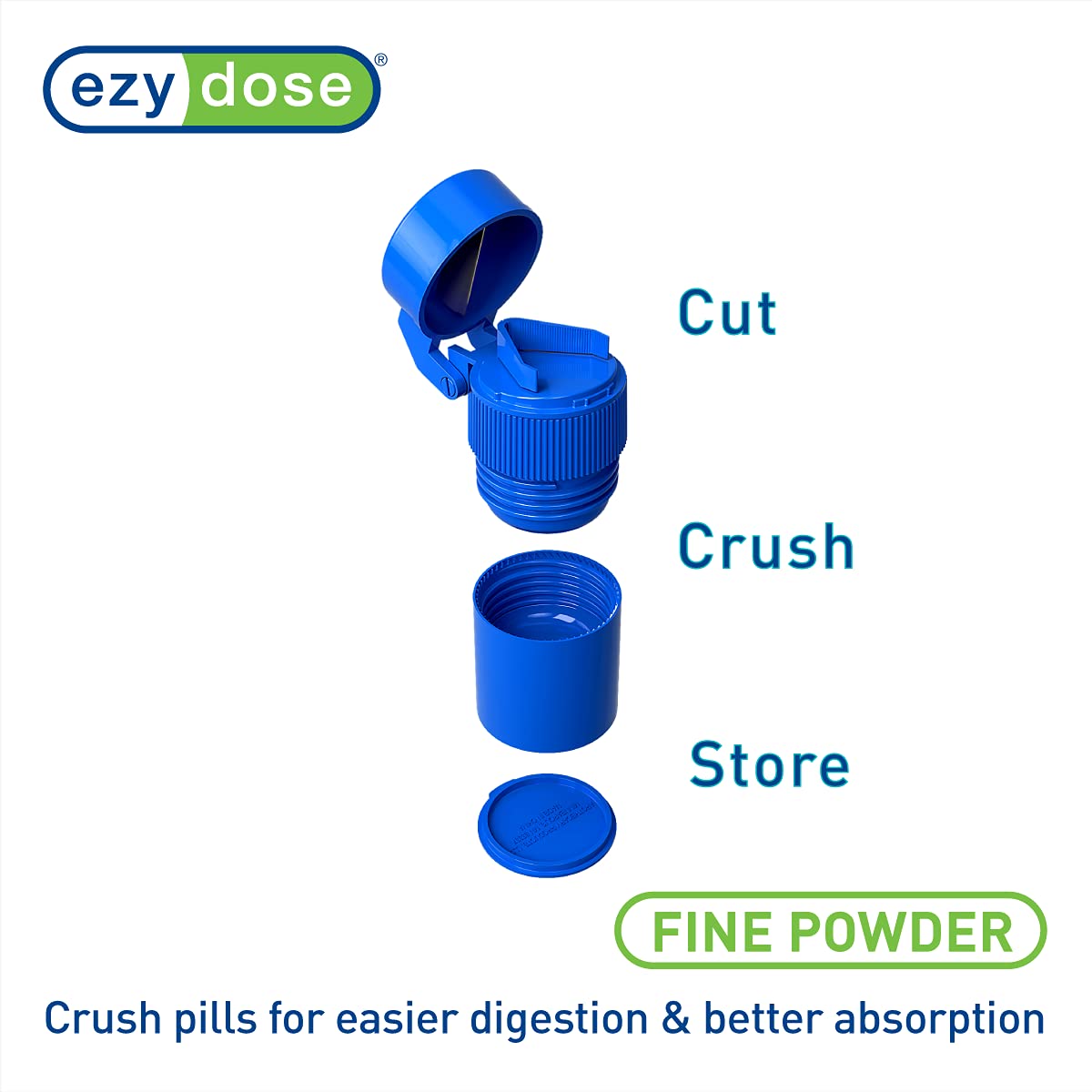 EZY DOSE medicine pulverizer close up highlighting the twist grinding mechanism and internal storage hub.