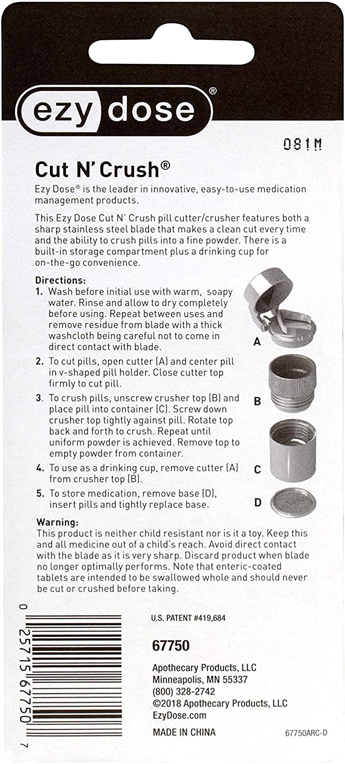 EZY DOSE multi functional pill tool with the top unscrewed to reveal the removable drinking cup feature.