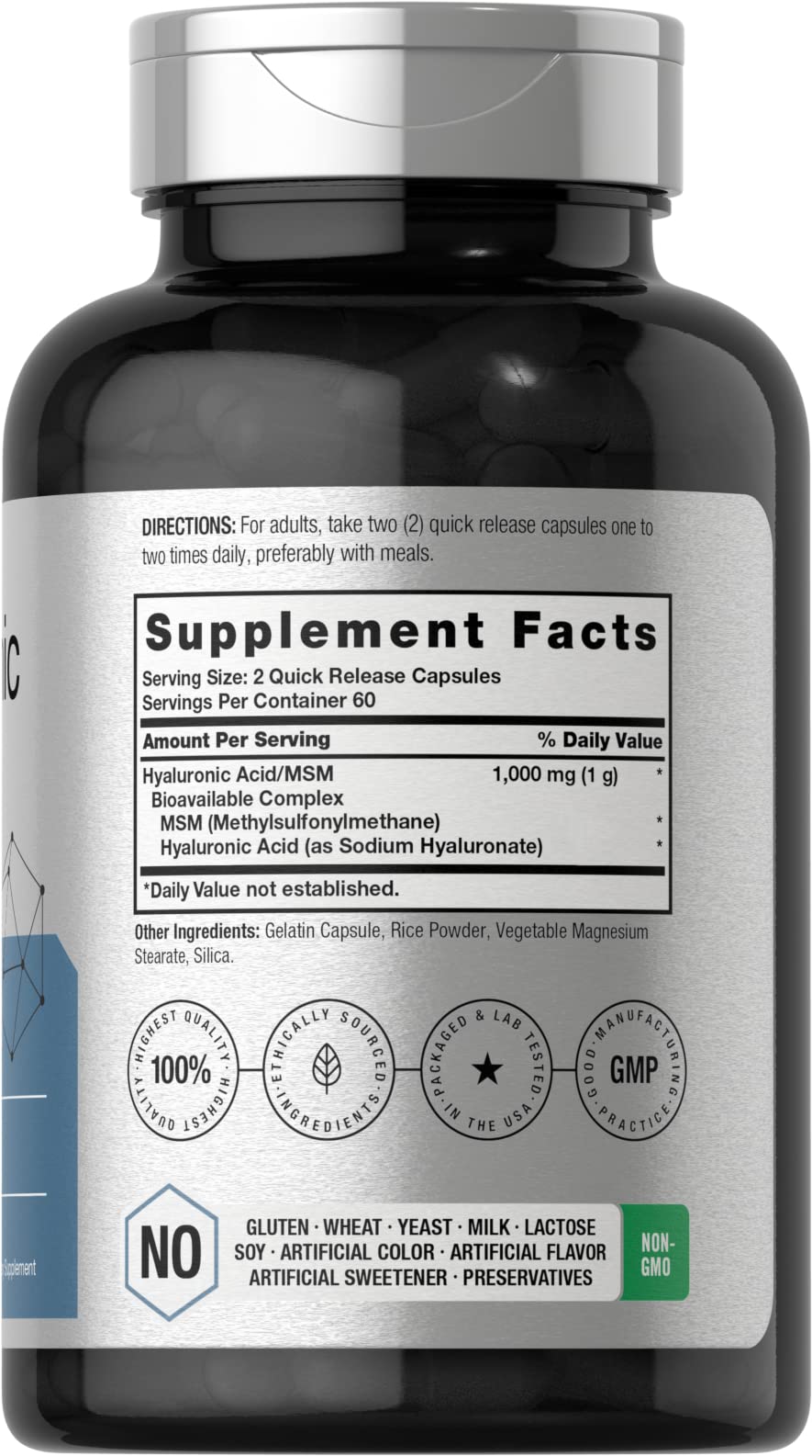 Horbäach Hyaluronic Acid with MSM bioavailable formula supplement facts label