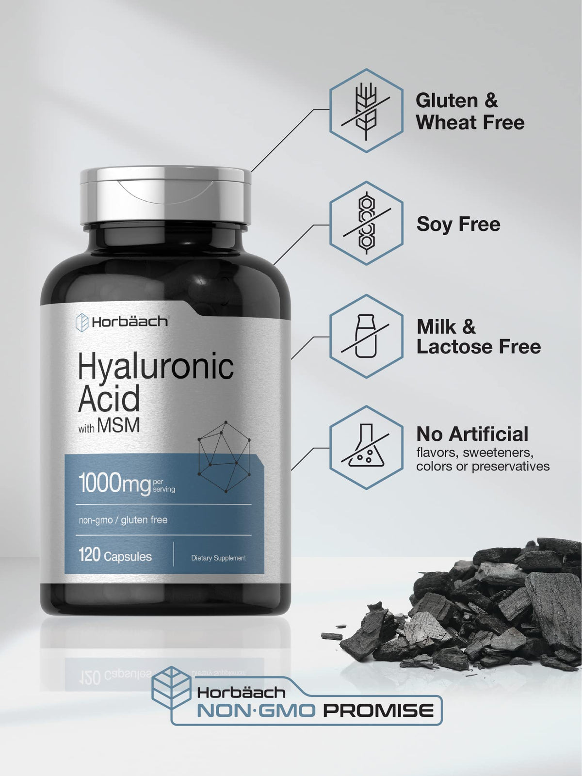 Horbäach Hyaluronic Acid with MSM 1000mg back label details
