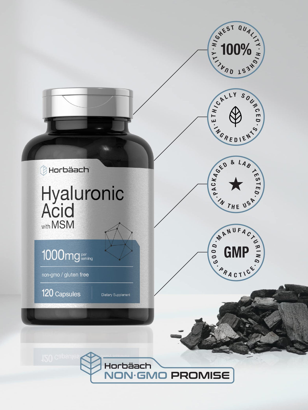 Horbäach Hyaluronic Acid with MSM gluten-free supplement bottle side