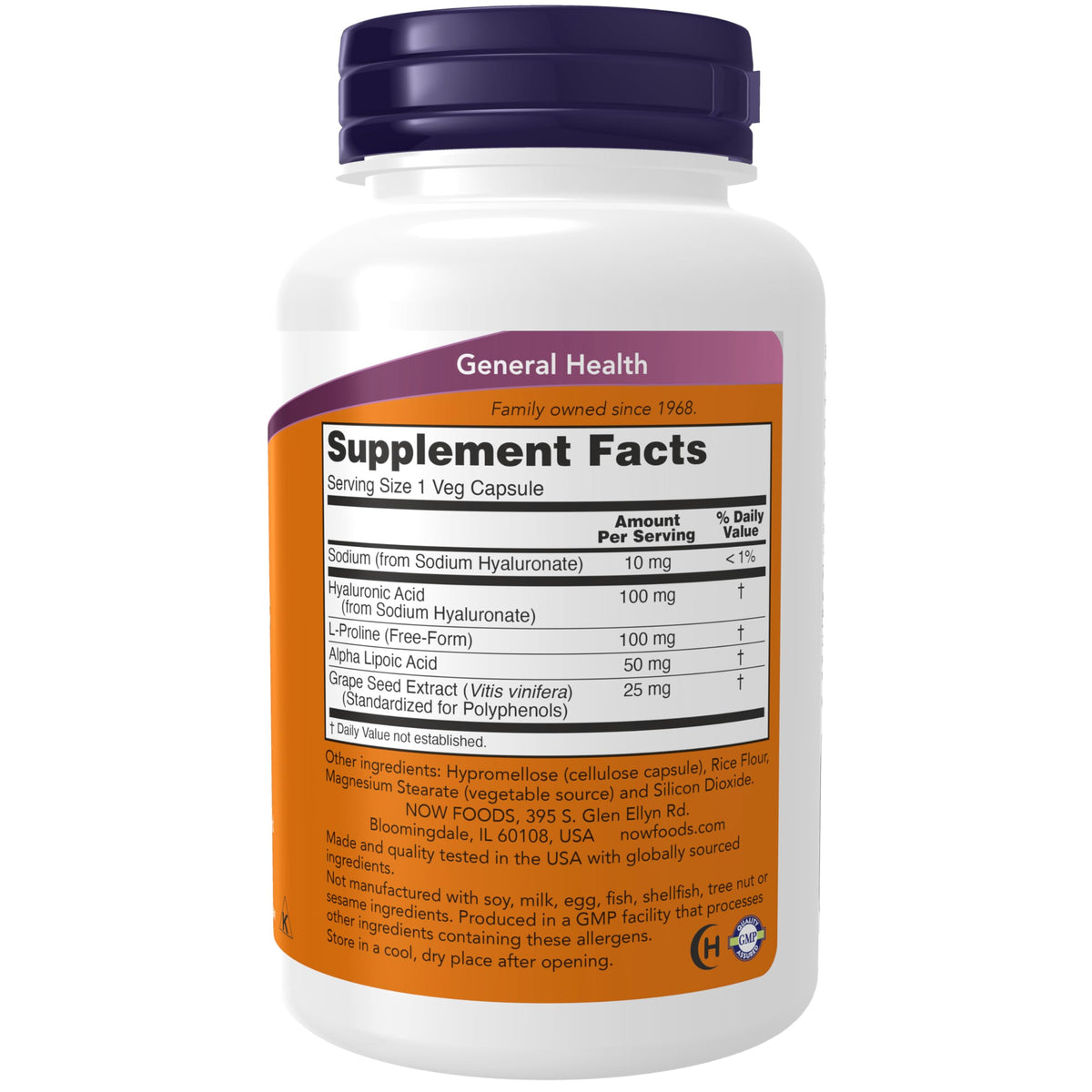 Now Foods Hyaluronic Acid Double Strength Supplement Facts Label