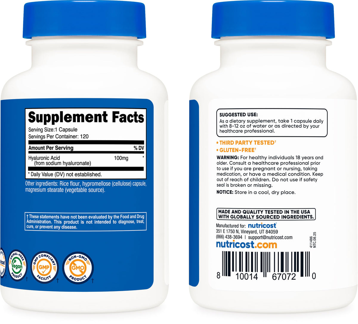 Nutricost Hyaluronic Acid 100mg Quality Assurance Seals