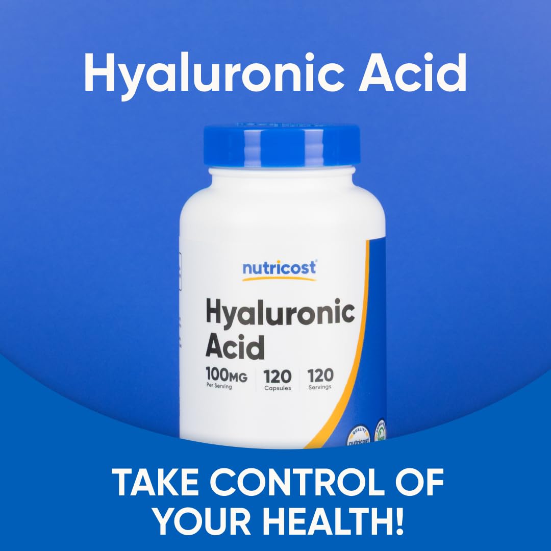 Nutricost Hyaluronic Acid 120 Capsules Bottle Top and Cap