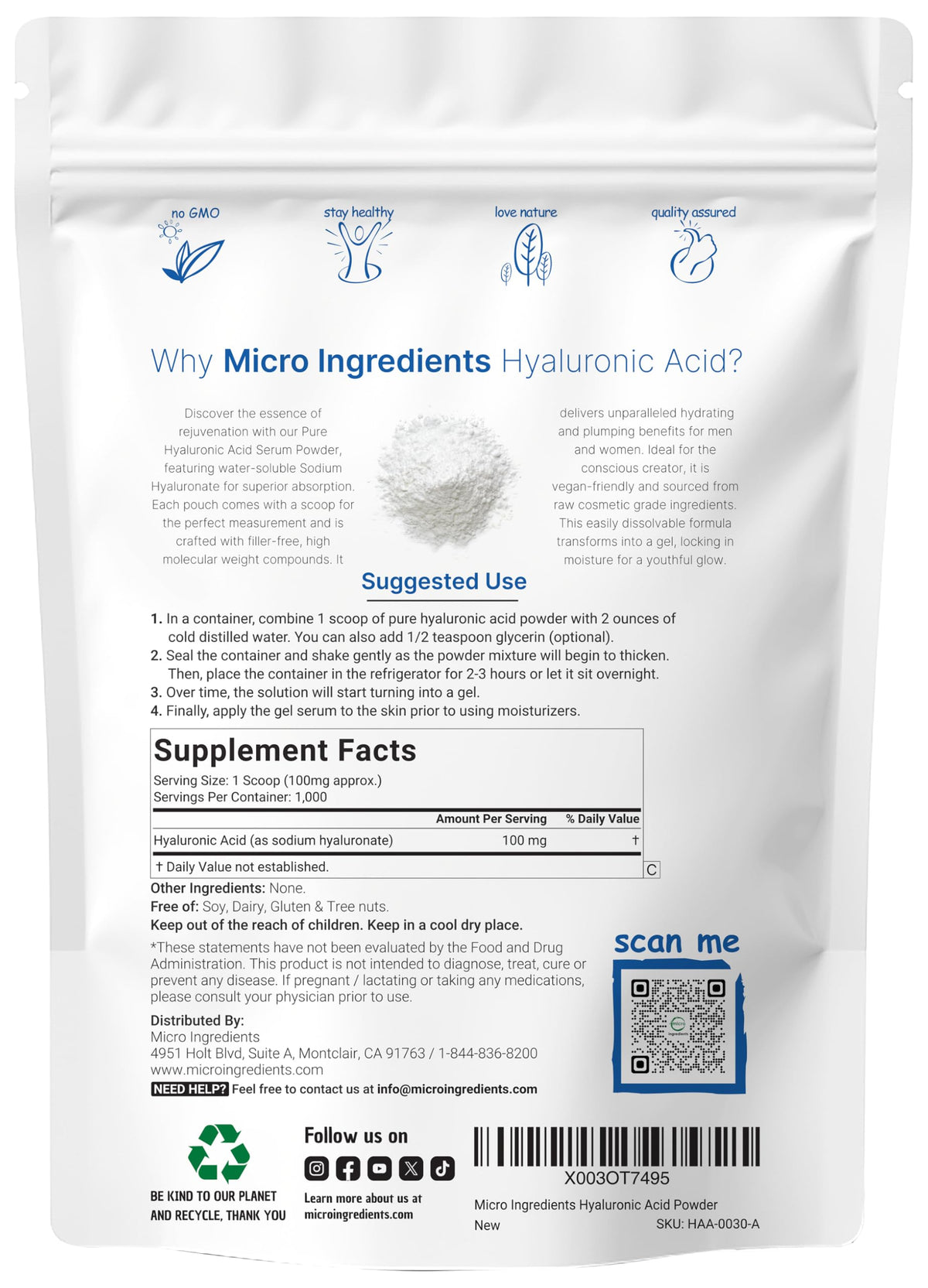 Micro Ingredients Hyaluronic Acid Serum Powder 100 grams pouch