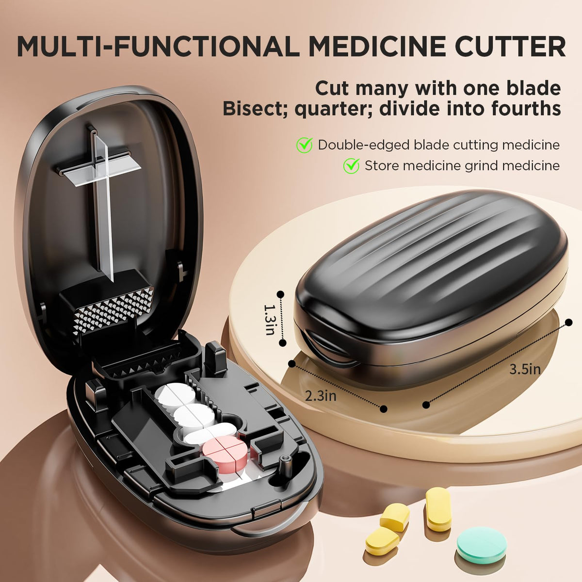 GAONLY small pill cutter close up view explaining how to position tiny vitamins for accurate half or quarter splits