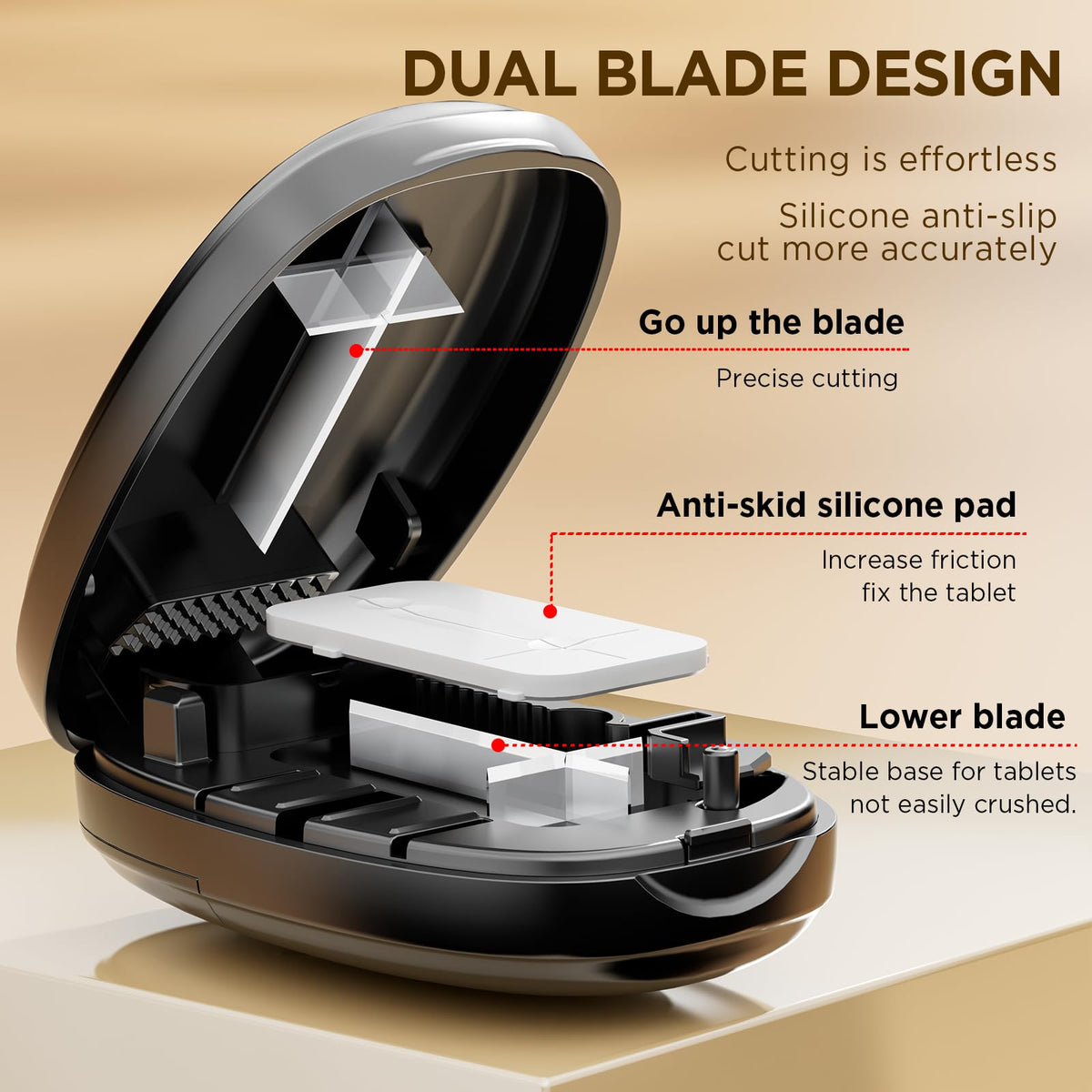 GAONLY portable pill cutting case being closed to demonstrate the safe hands free cutting mechanism for users