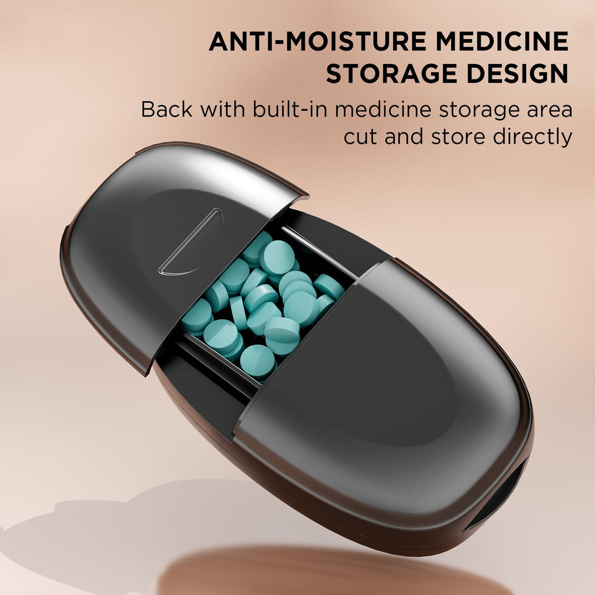 GAONLY precision medication divider showing perfectly sliced pill halves and quarters next to the premium black device