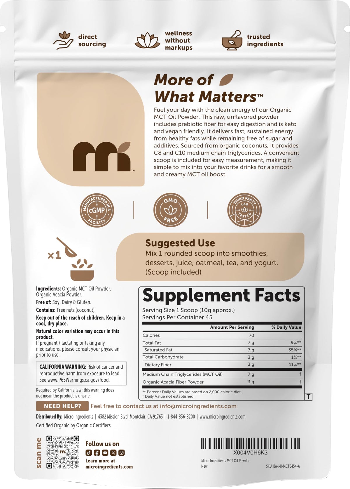 Organic ingredients label on MCT oil powder packaging