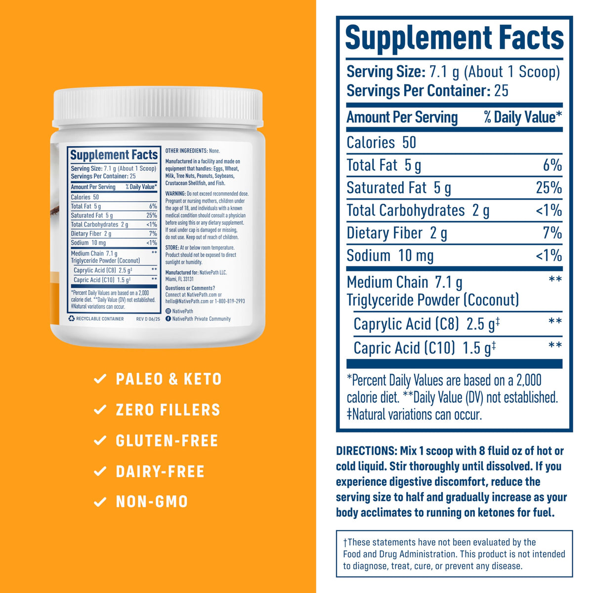 NativePath MCT Oil Powder nutritional label and ingredients