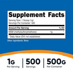 Nutricost methylsulfonylmethane 500 grams tub highlighting non-GMO and gluten-free product seals.