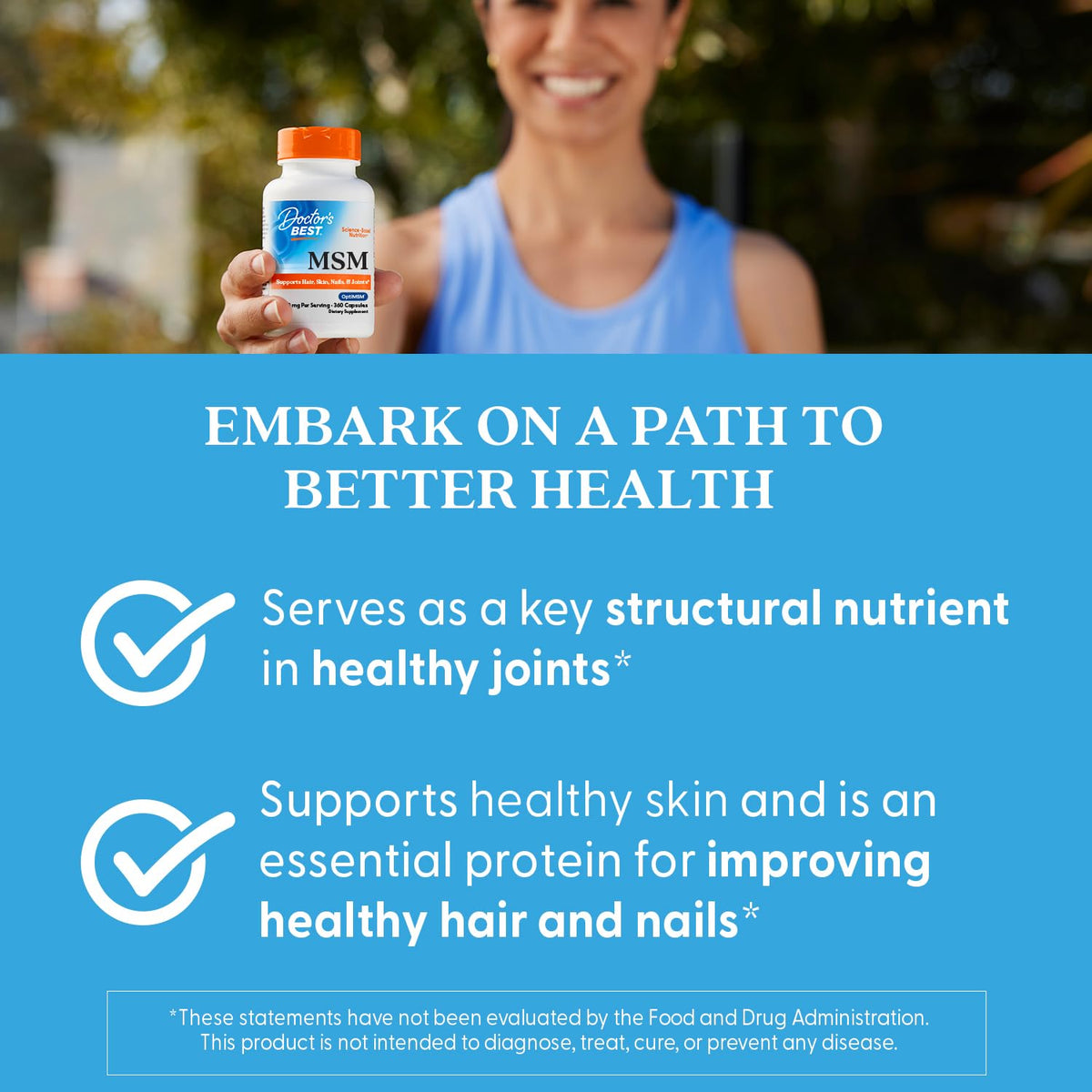 Doctor's Best 360 capsules bottle displaying the OptiMSM purified logo and serving sizes