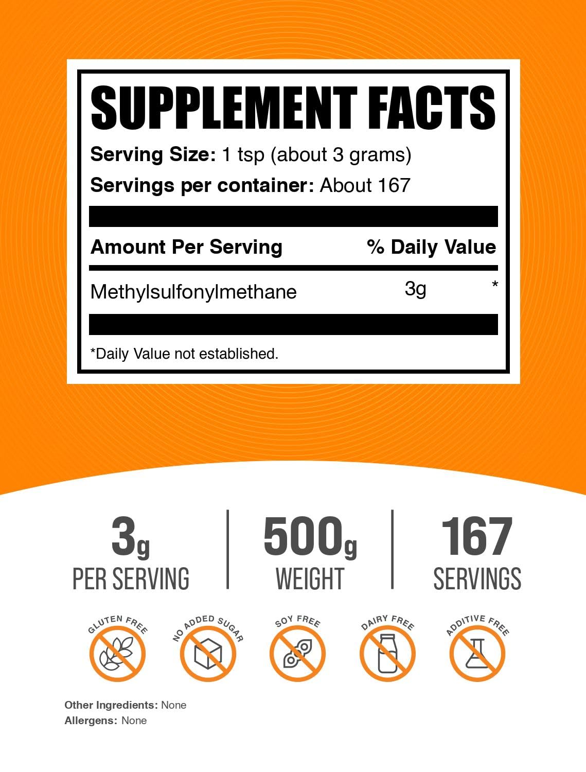 Pure unflavored methylsulfonylmethane powder showing fine white crystalline texture.