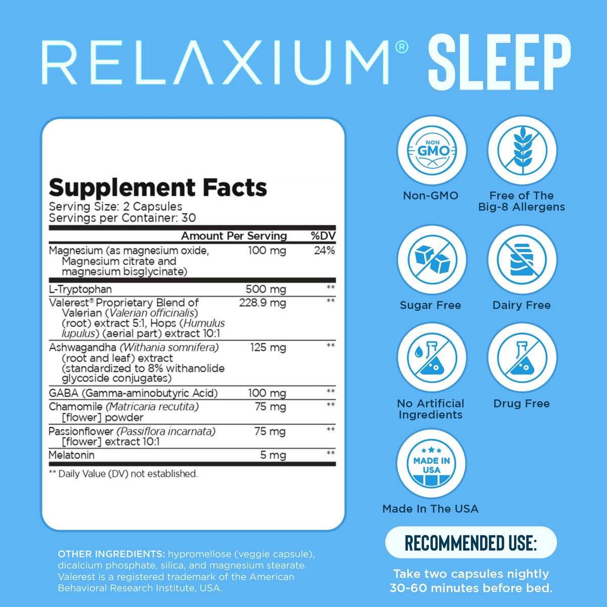 Back label of Relaxium Sleep dietary supplement detailing 5mg melatonin and magnesium glycinate facts